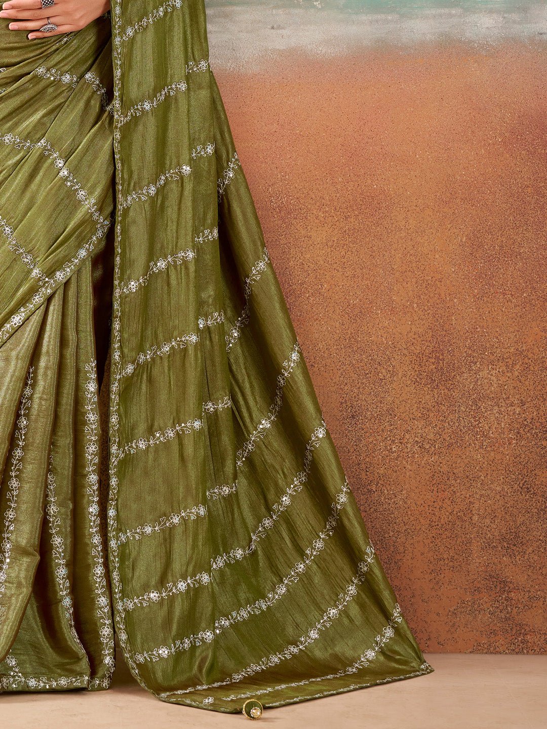 Olive Green Embroidered Silk Saree - Ressa
