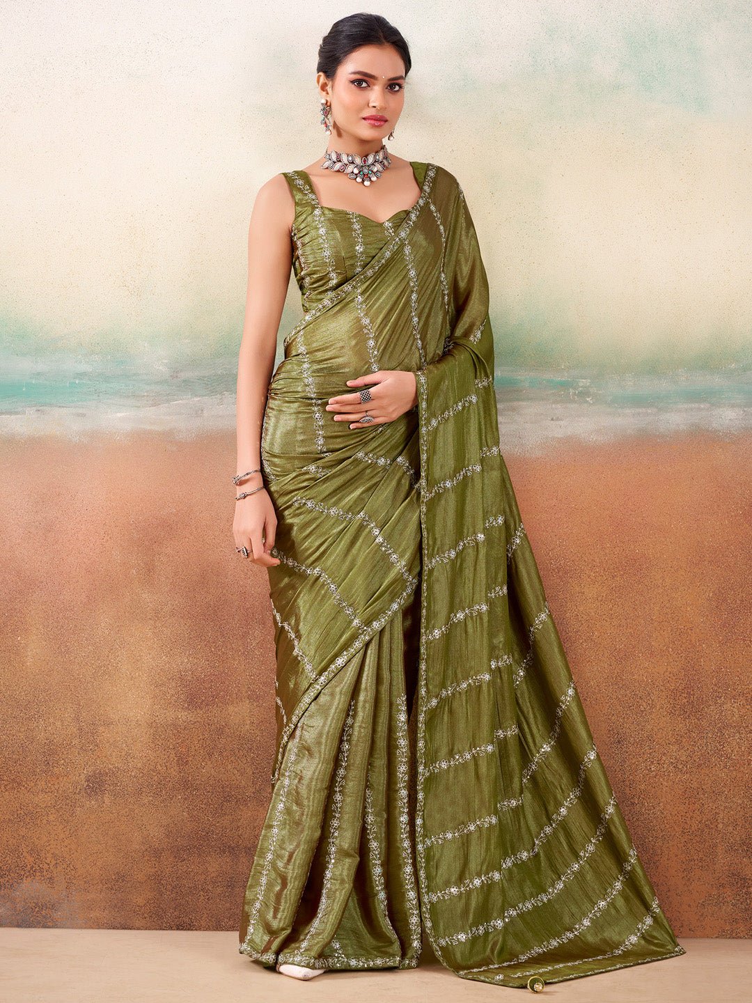 Olive Green Embroidered Silk Saree - Ressa