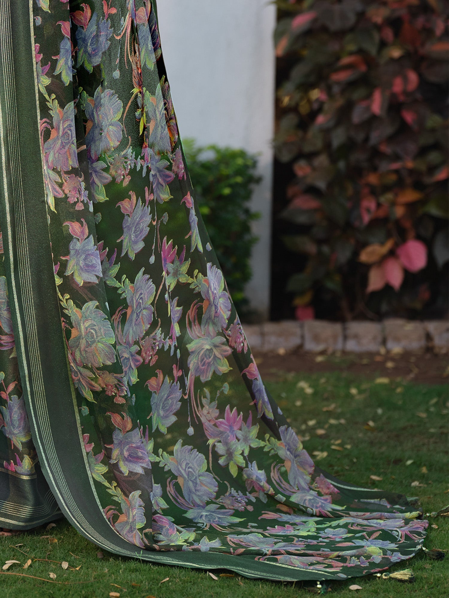 Olive Green Floral Chiffon Saree - Ressa