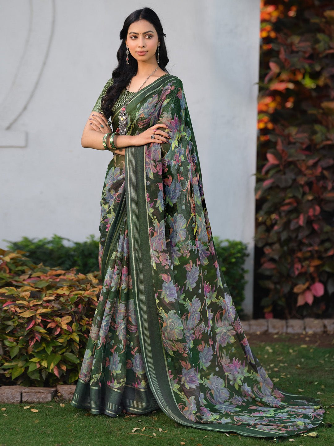 Olive Green Floral Chiffon Saree - Ressa