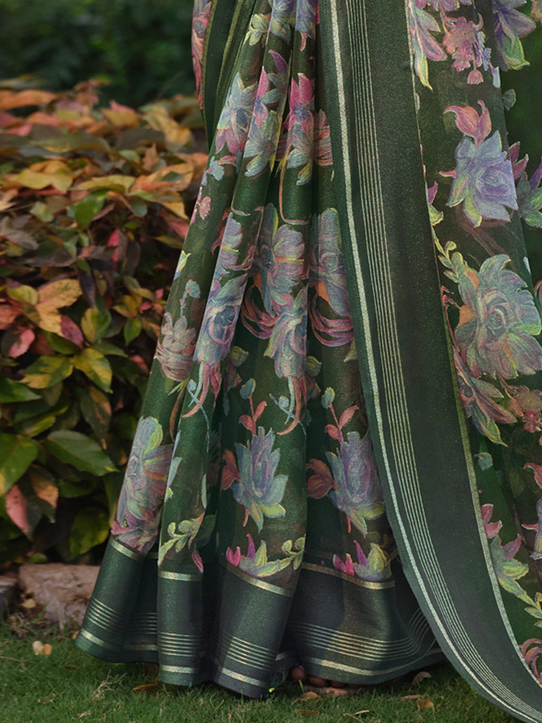 Olive Green Floral Chiffon Saree - Ressa
