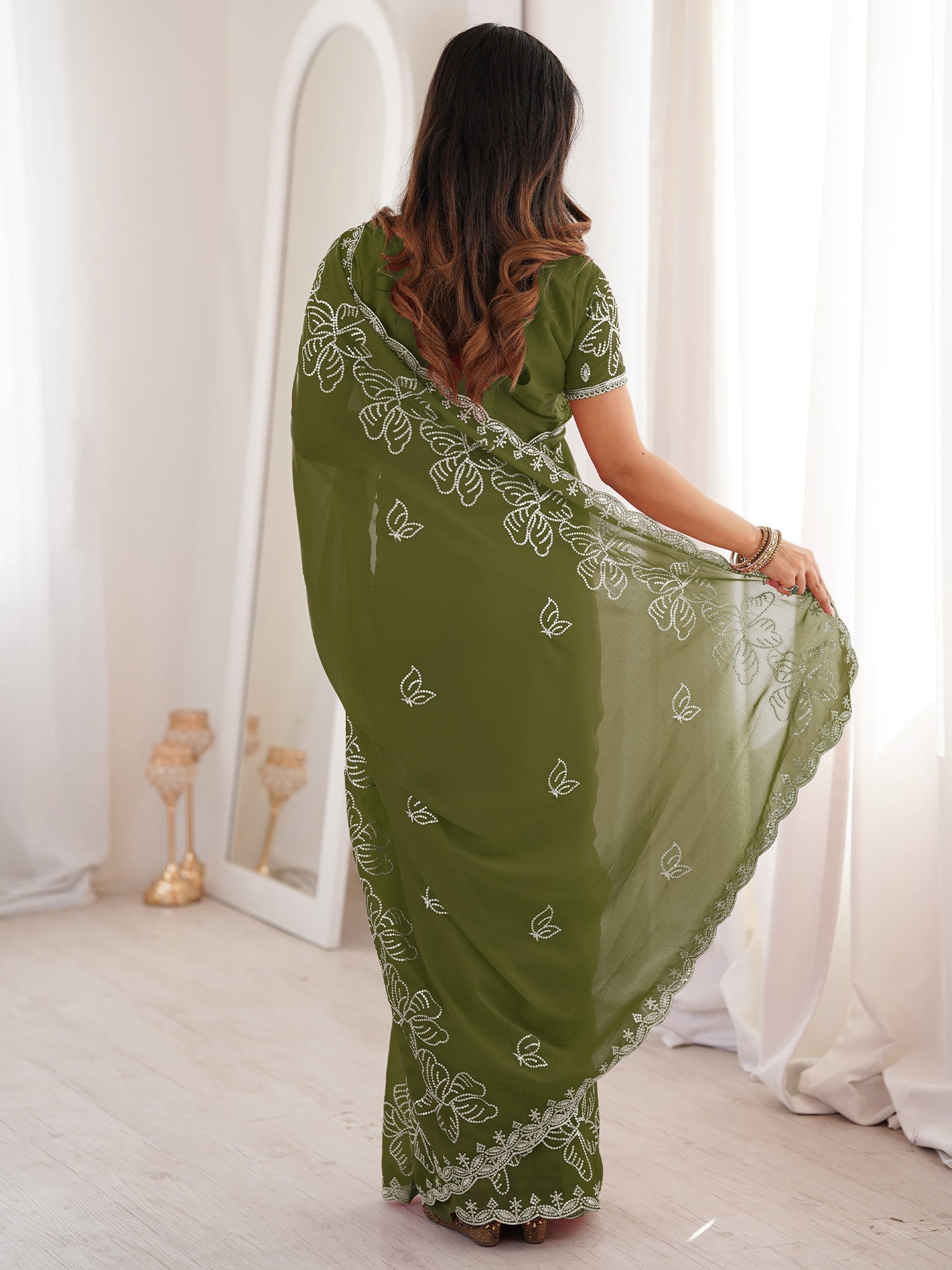 Olive Green Georgette Embroidered Saree - Ressa