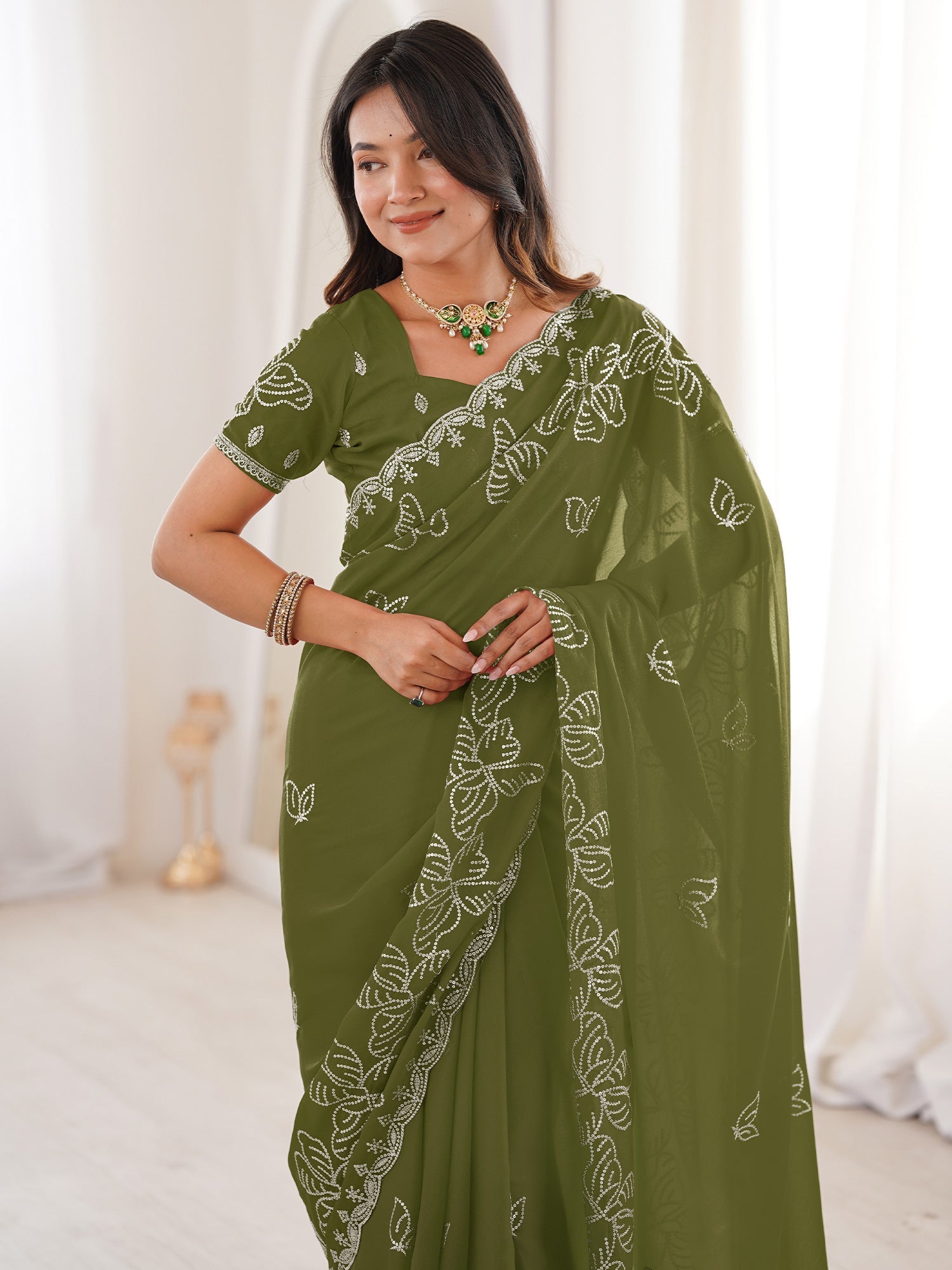 Olive Green Georgette Embroidered Saree - Ressa