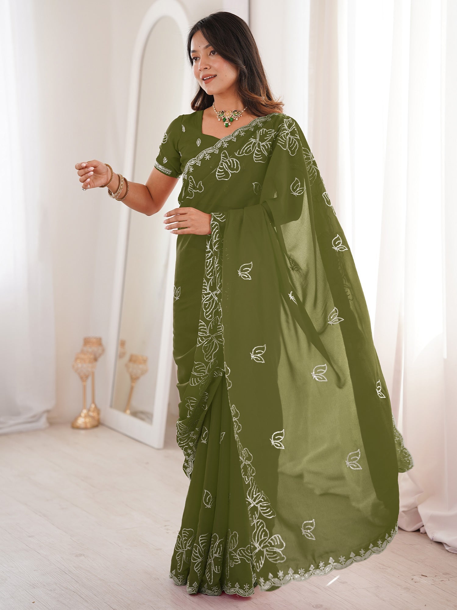 Olive Green Georgette Embroidered Saree - Ressa