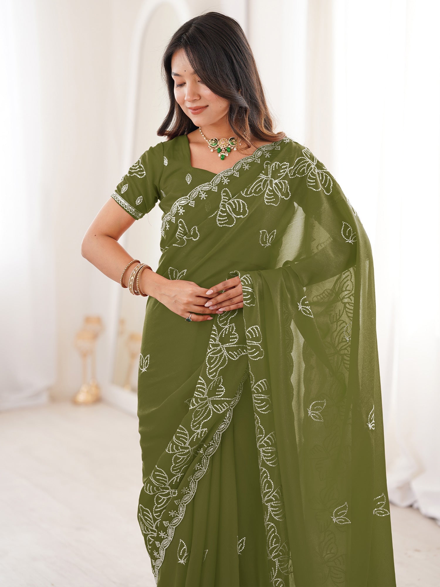 Olive Green Georgette Embroidered Saree - Ressa