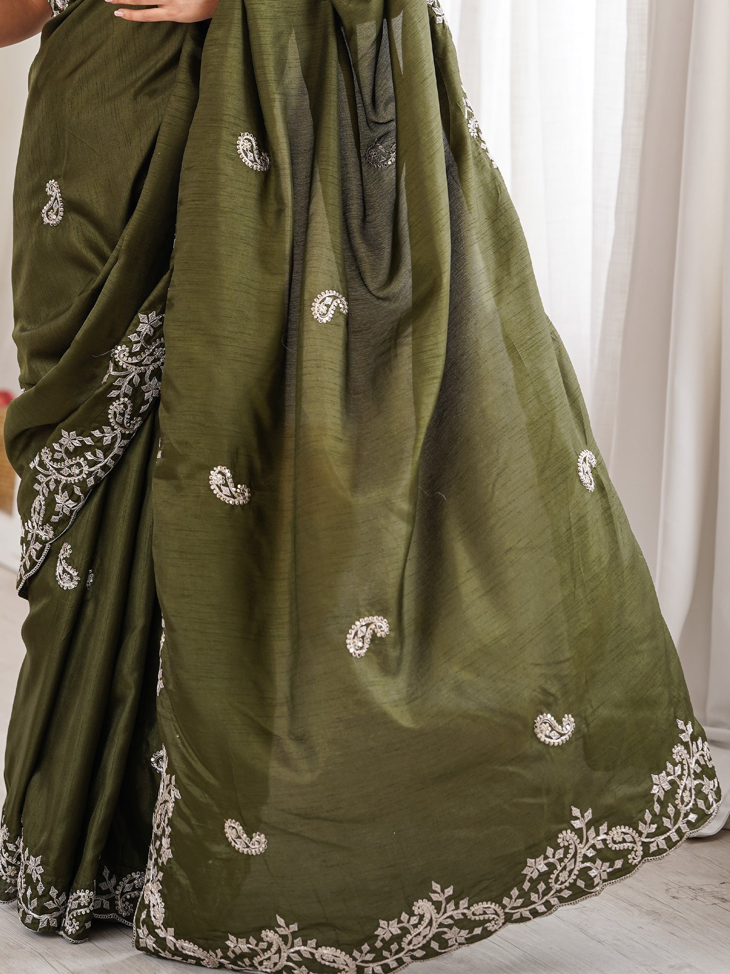 Olive Green Georgette Saree with Scalloped Embroidery - Ressa