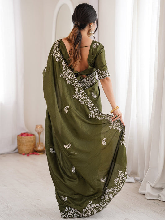 Olive Green Georgette Saree with Scalloped Embroidery - Ressa