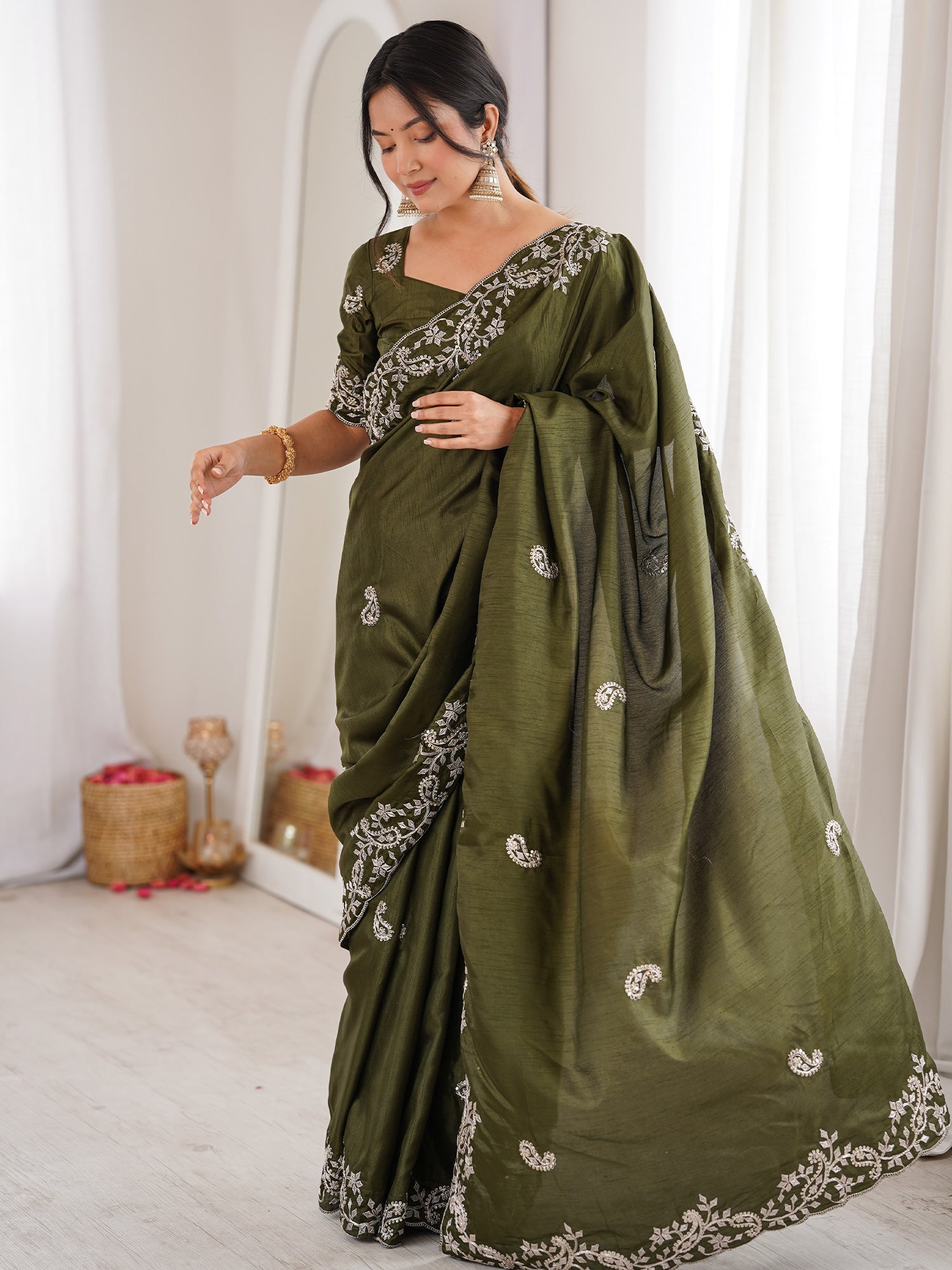 Olive Green Georgette Saree with Scalloped Embroidery - Ressa