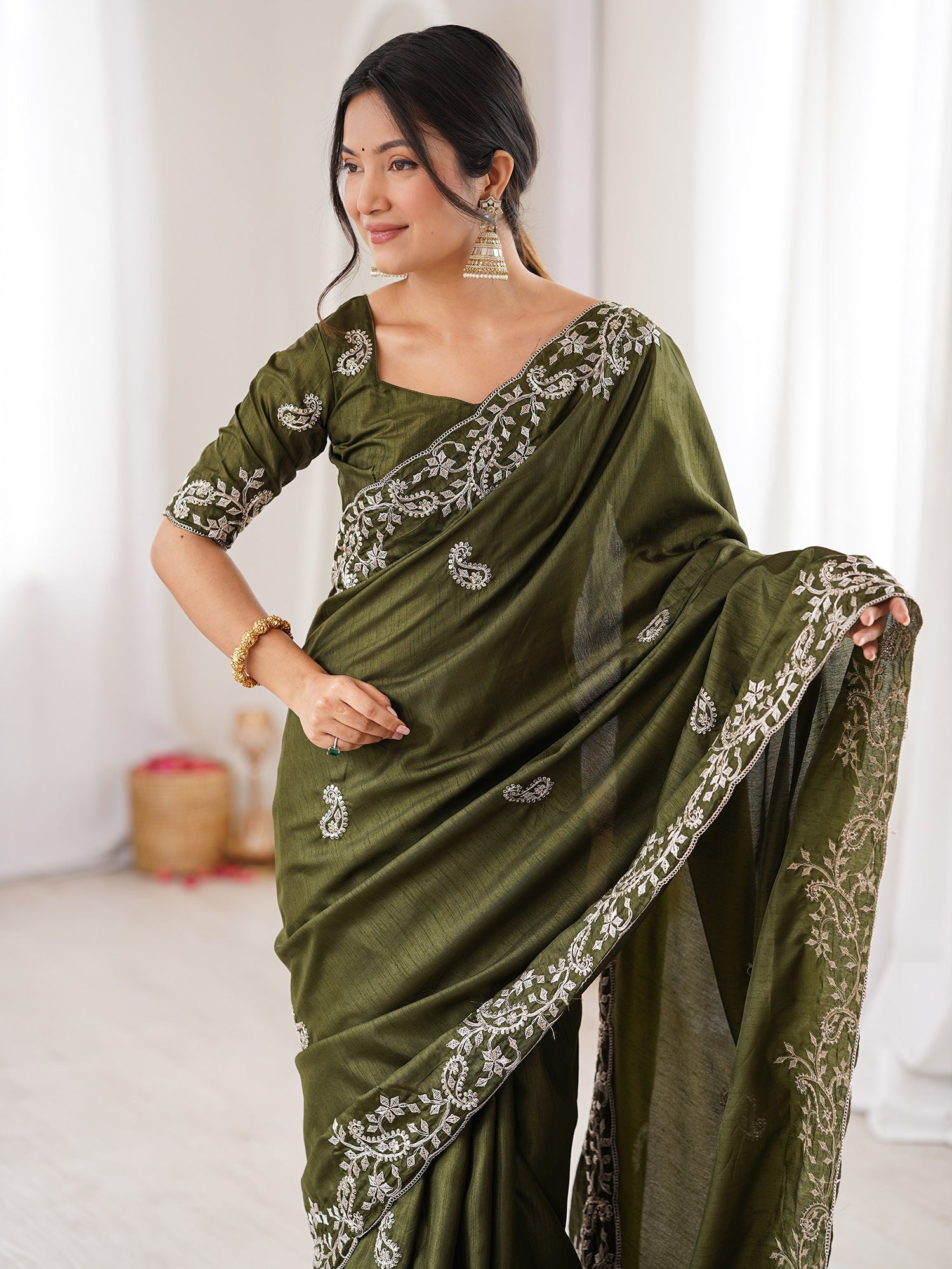 Olive Green Georgette Saree with Scalloped Embroidery - Ressa