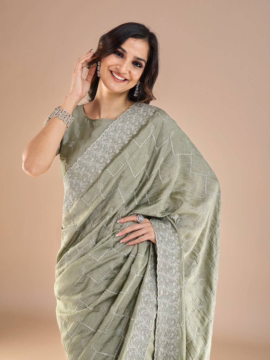 Olive Green Georgette Sequin Embroidery Thread Work Blouse Saree - Ressa