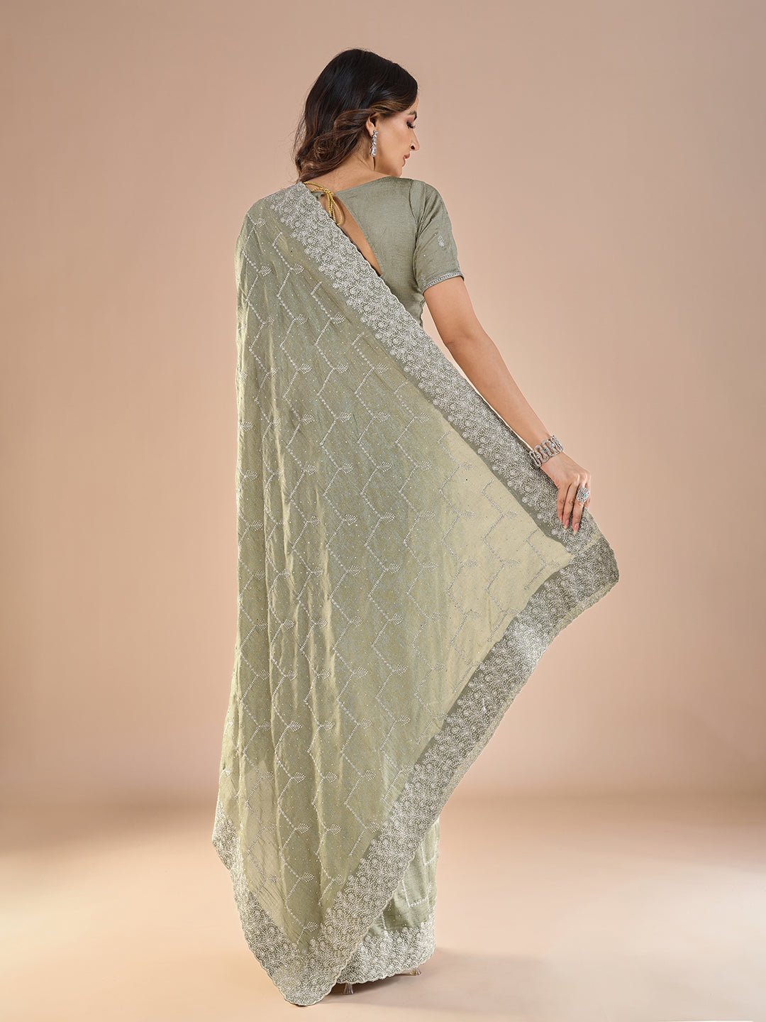 Olive Green Georgette Sequin Embroidery Thread Work Blouse Saree - Ressa