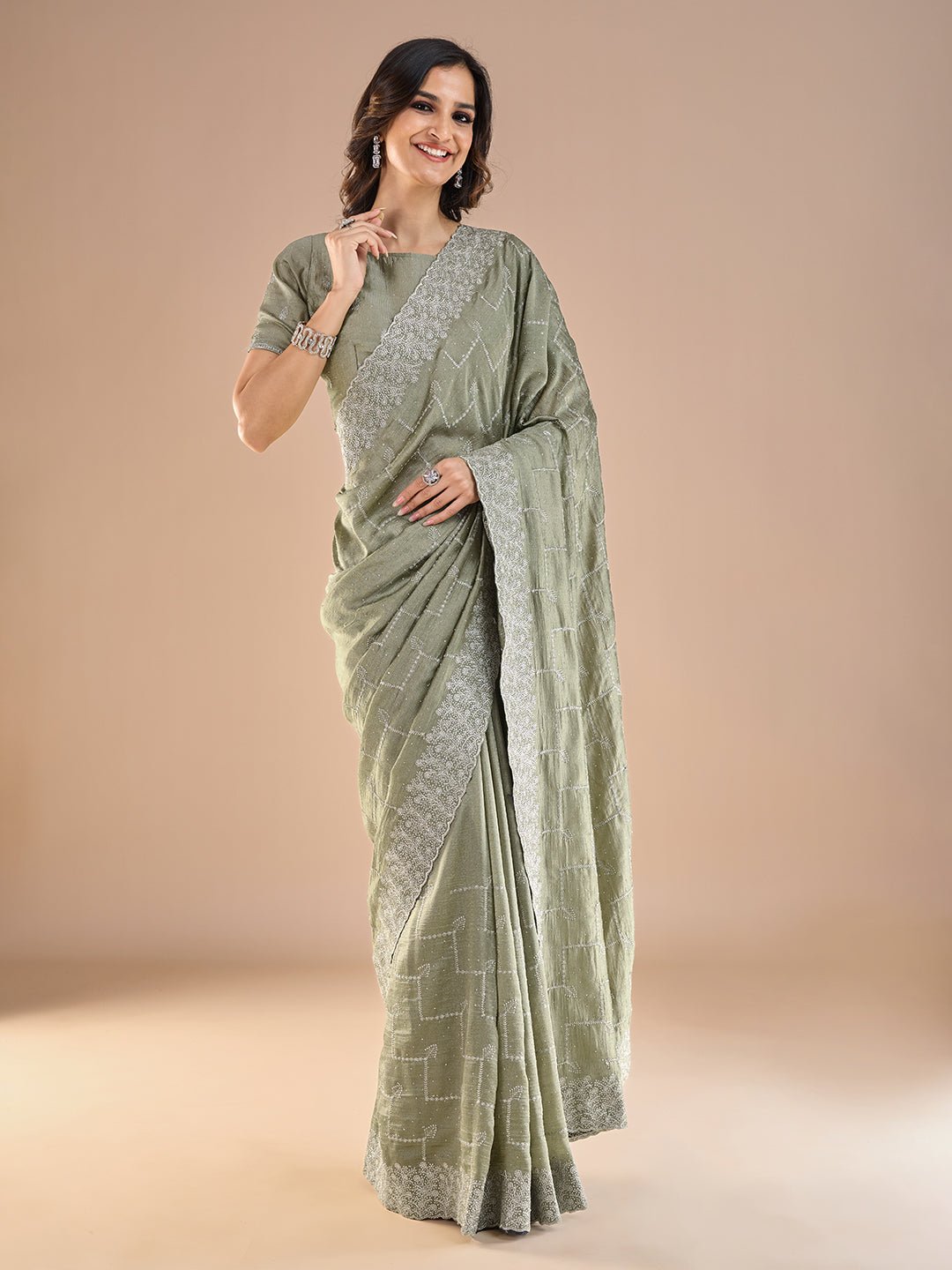 Olive Green Georgette Sequin Embroidery Thread Work Blouse Saree - Ressa