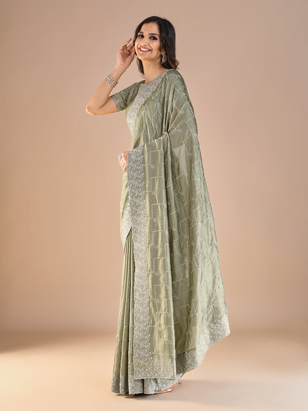 Olive Green Georgette Sequin Embroidery Thread Work Blouse Saree - Ressa