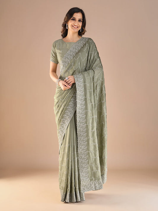 Olive Green Georgette Sequin Embroidery Thread Work Blouse Saree - Ressa