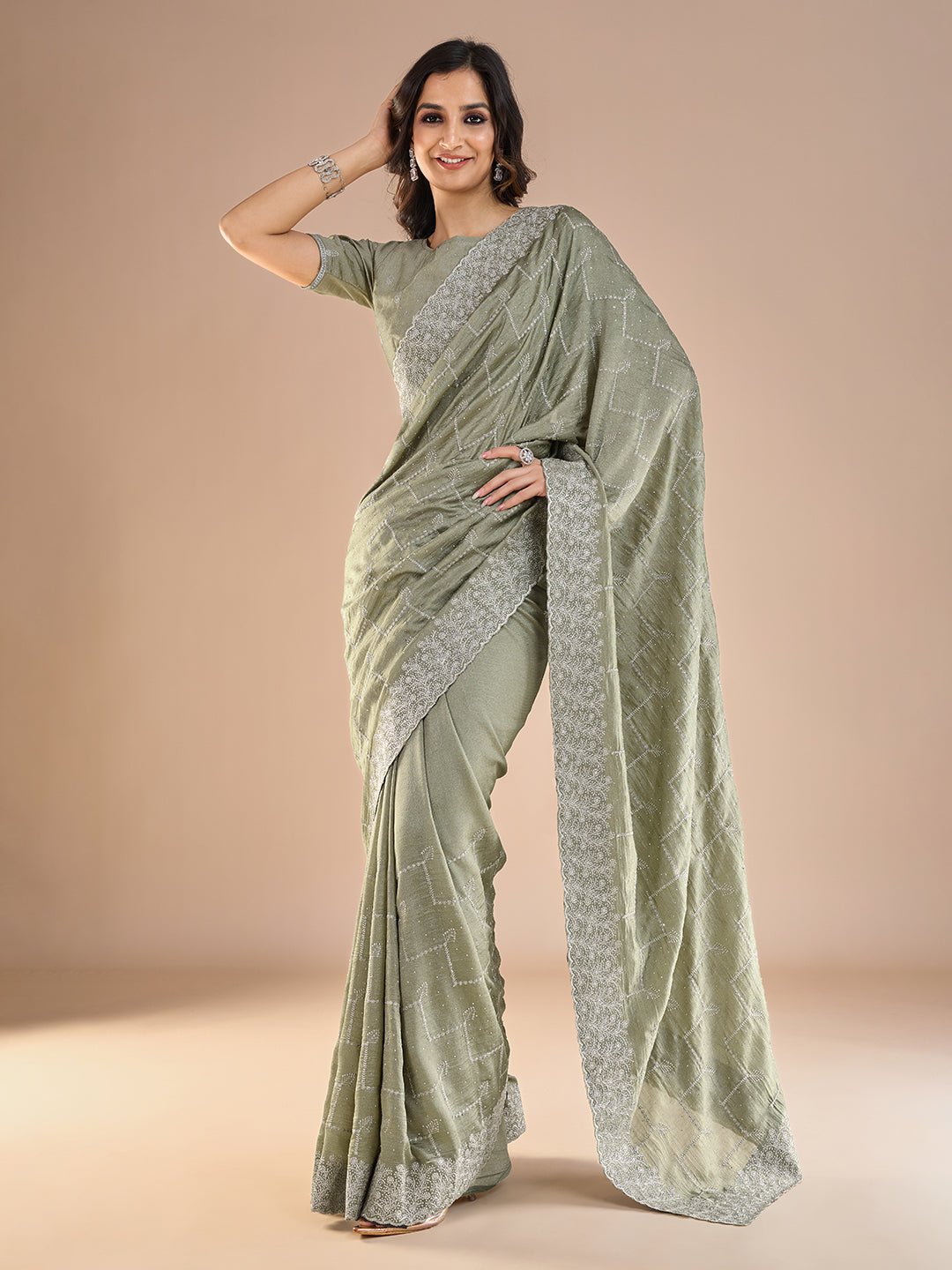 Olive Green Georgette Sequin Embroidery Thread Work Blouse Saree - Ressa