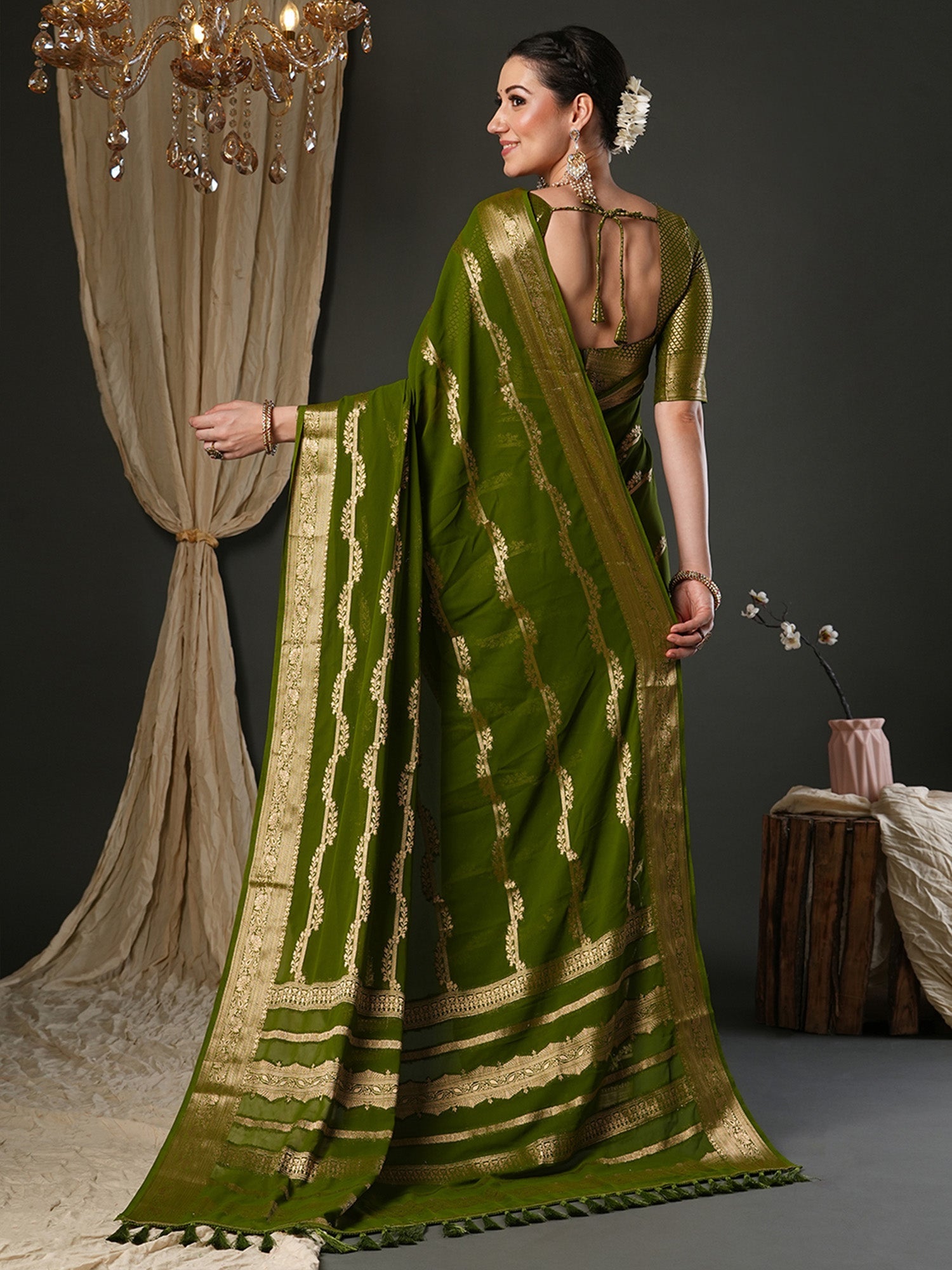 Olive Green Georgette & Zari Woven Stripe - Ressa