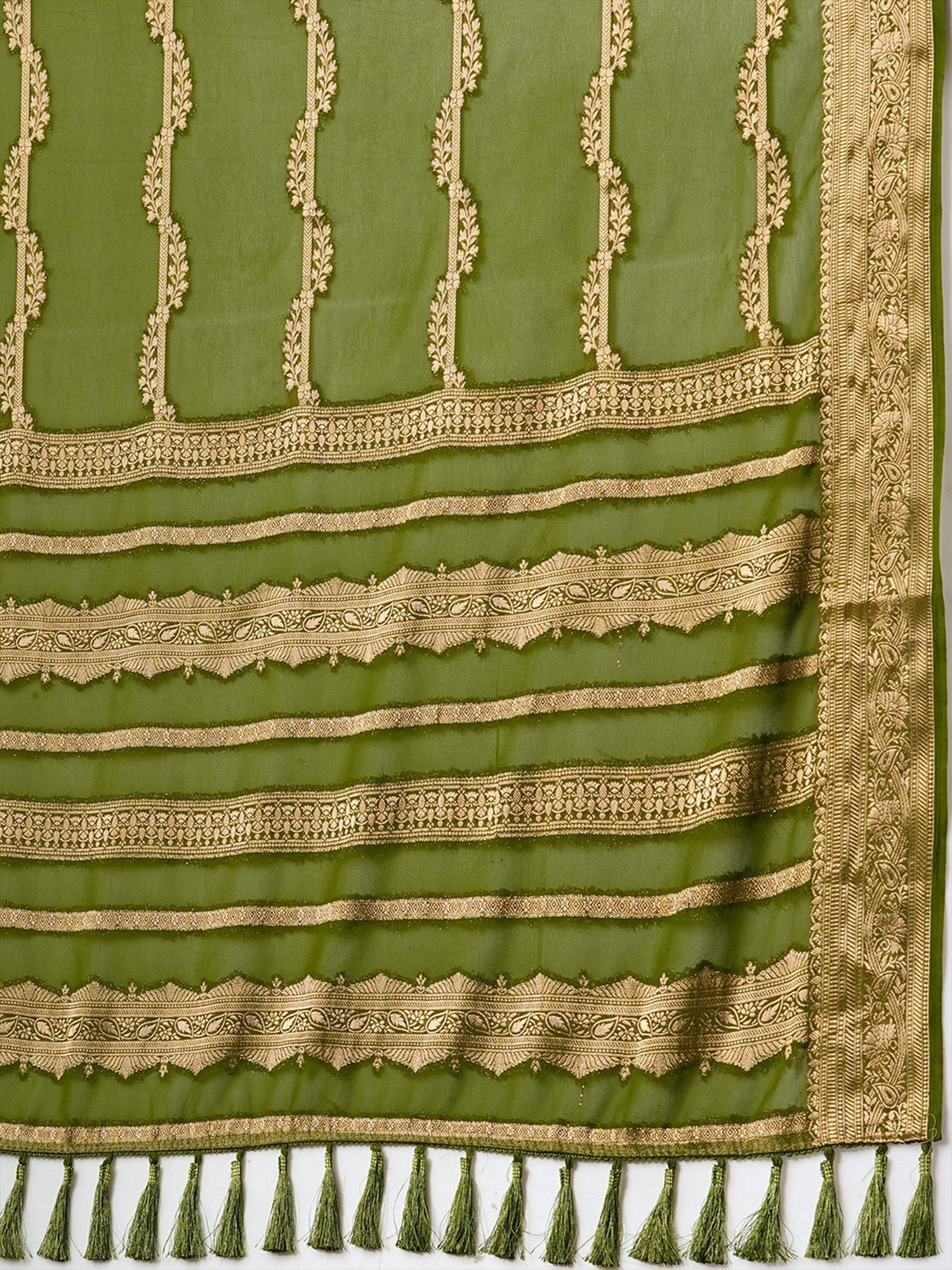 Olive Green Georgette & Zari Woven Stripe - Ressa