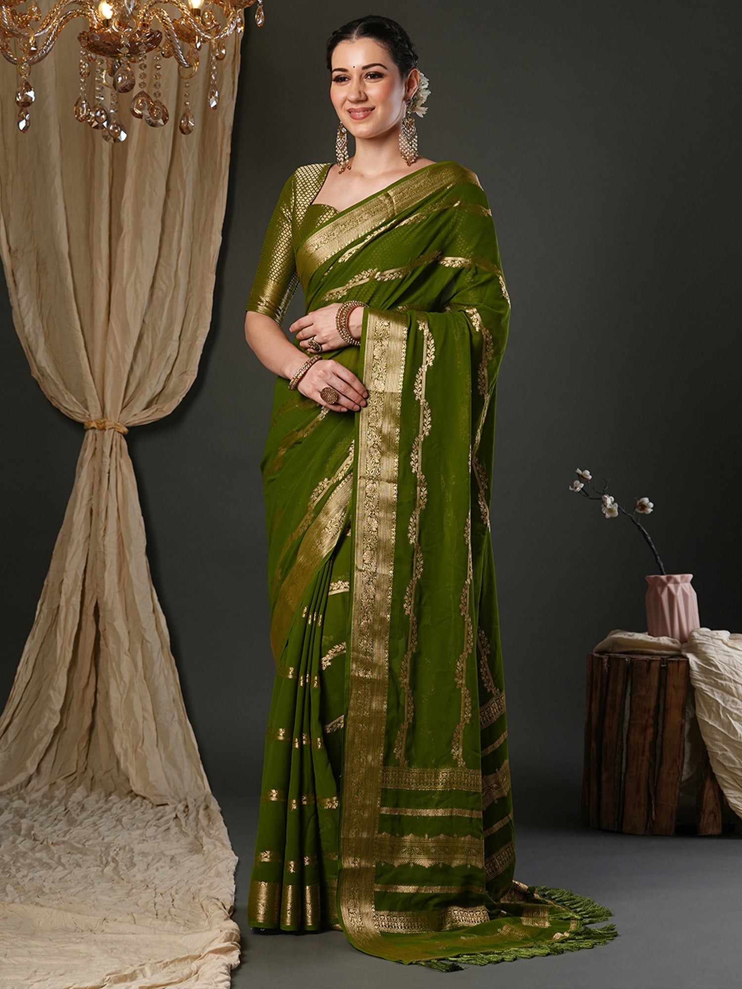 Olive Green Georgette & Zari Woven Stripe - Ressa