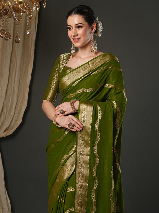 Olive Green Georgette & Zari Woven Stripe - Ressa