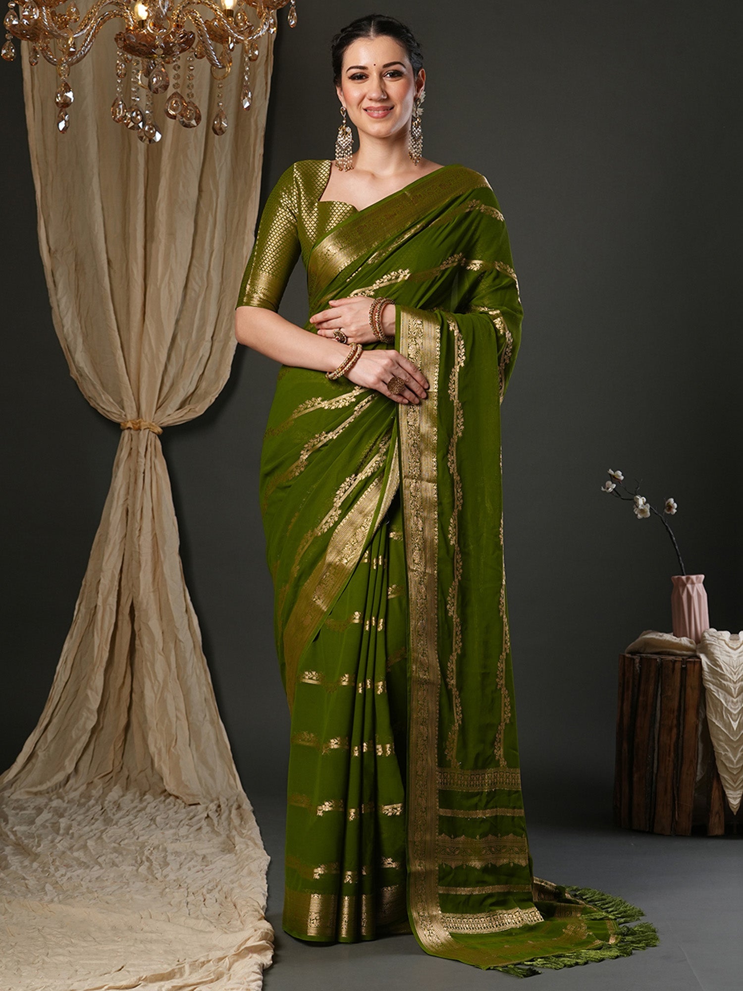 Olive Green Georgette & Zari Woven Stripe - Ressa