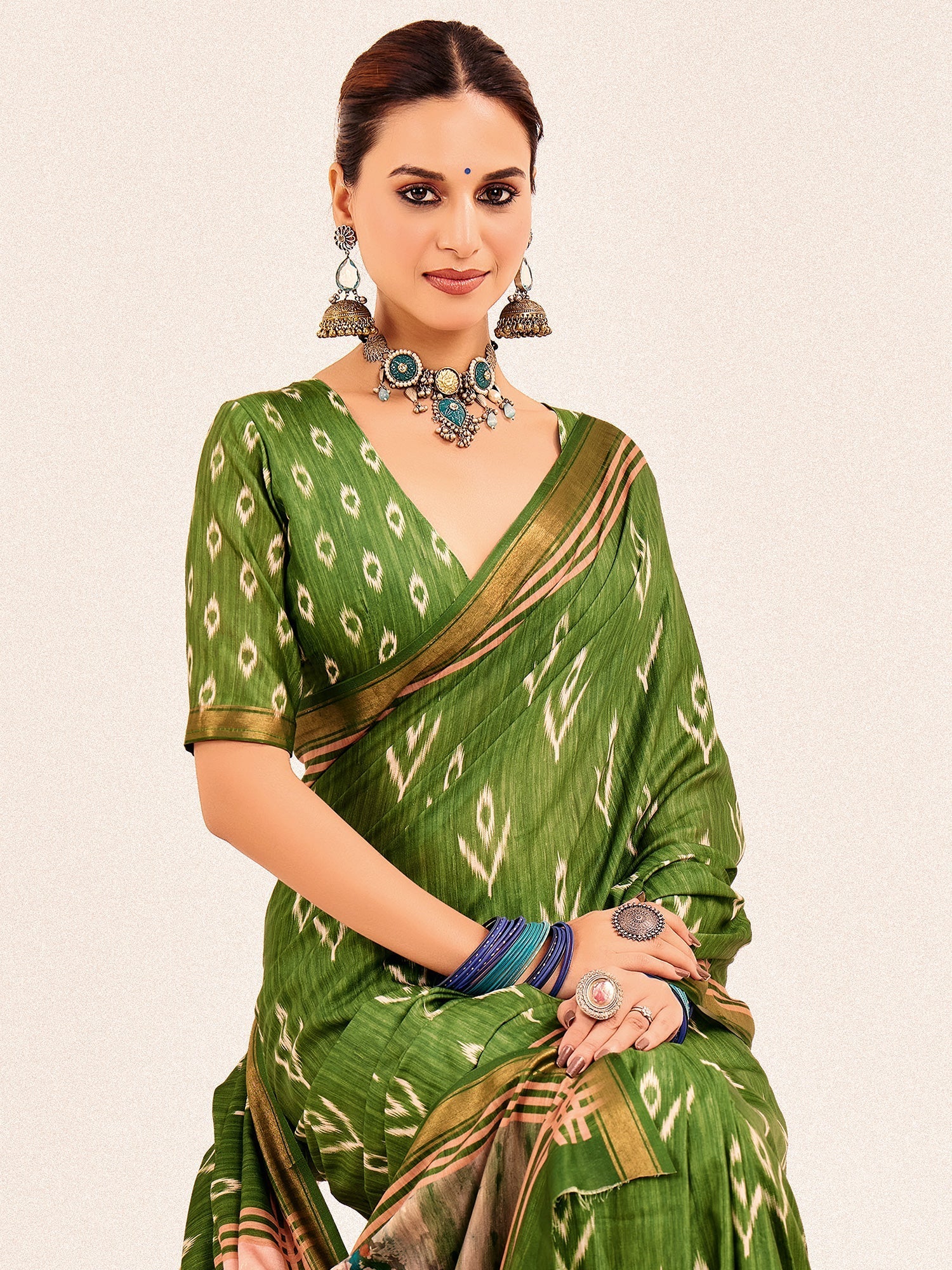 Olive Green Ikat Silk Saree with Varanasi Ghat Pallu - Ressa