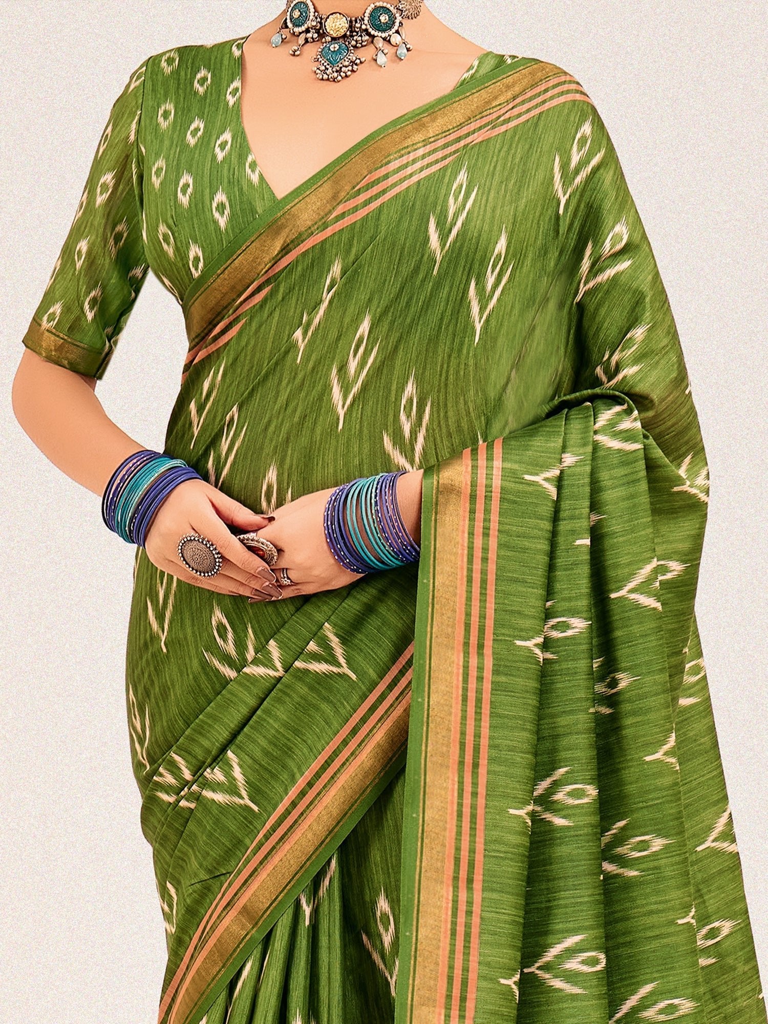 Olive Green Ikat Silk Saree with Varanasi Ghat Pallu - Ressa
