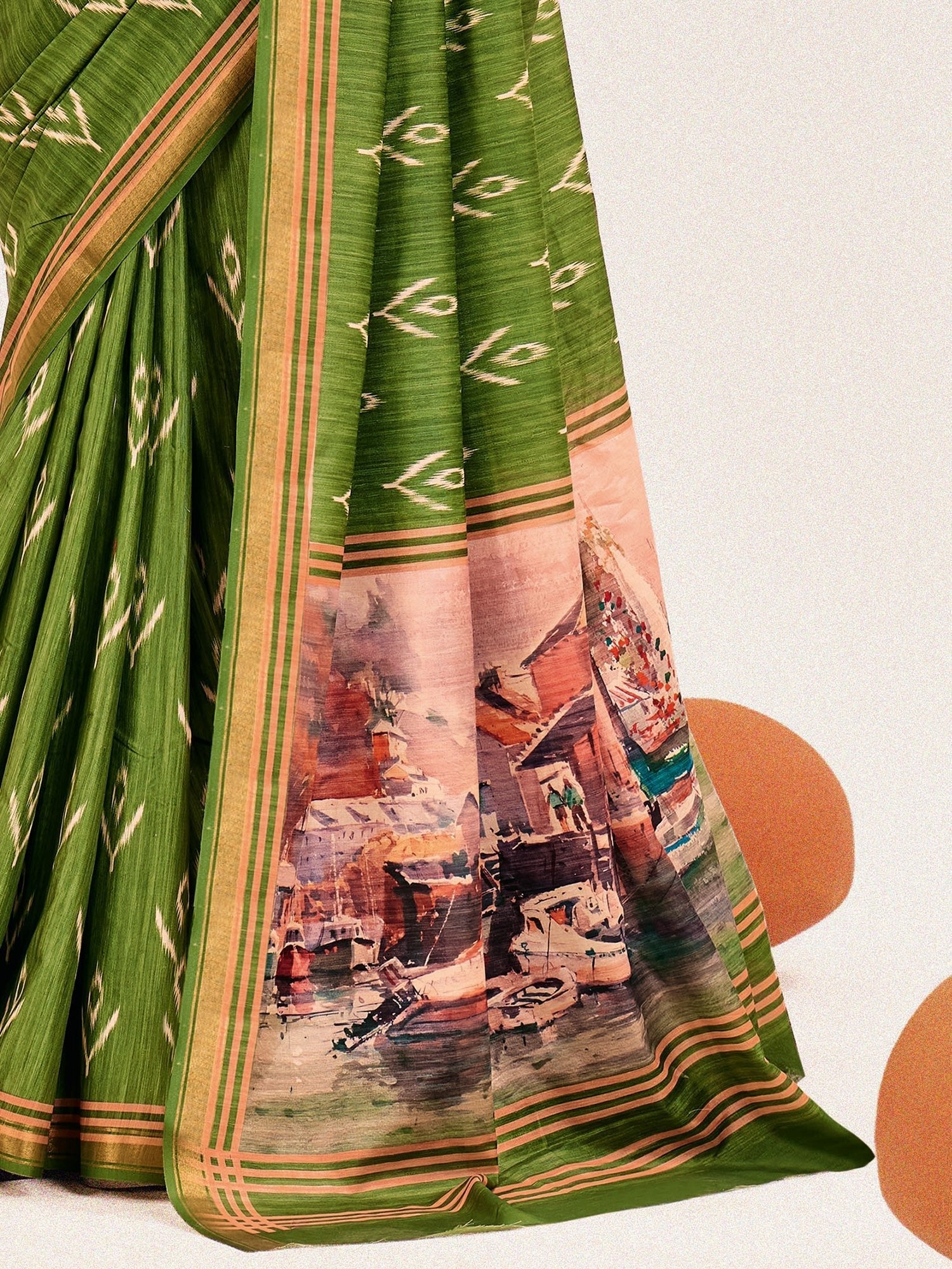 Olive Green Ikat Silk Saree with Varanasi Ghat Pallu - Ressa