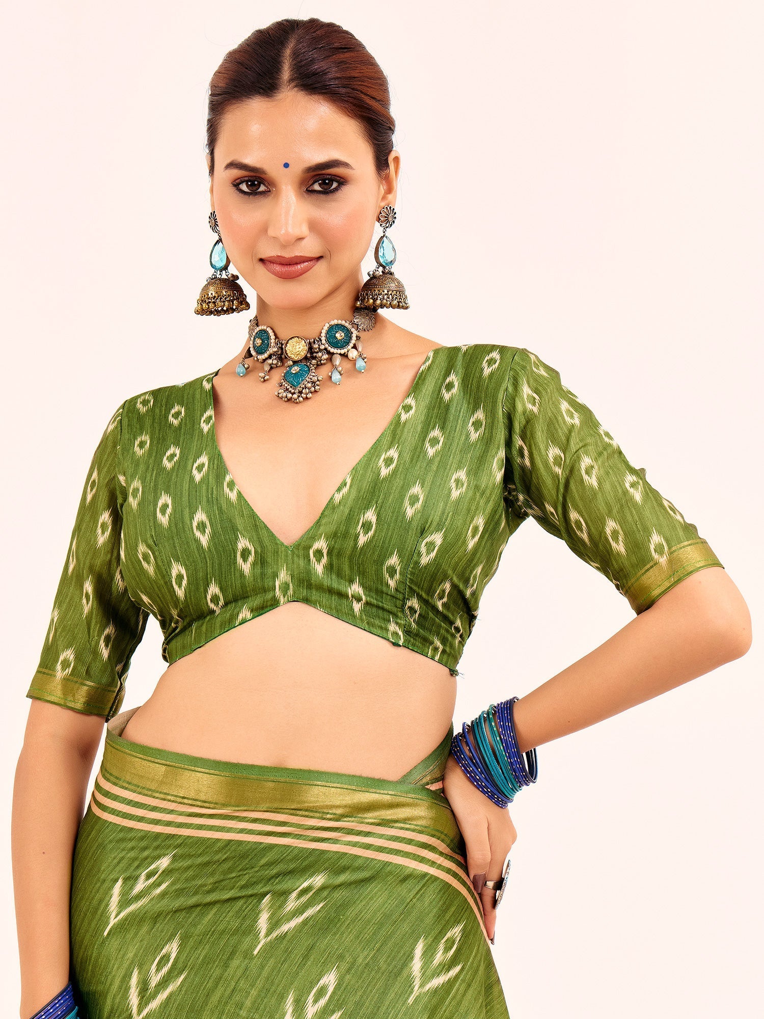 Olive Green Ikat Silk Saree with Varanasi Ghat Pallu - Ressa