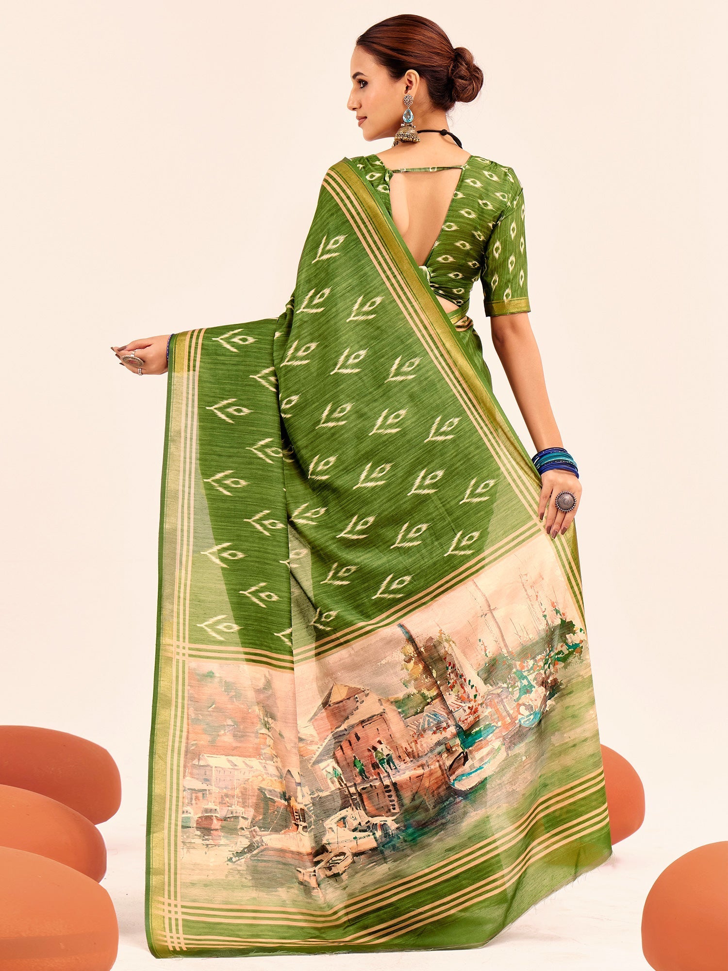 Olive Green Ikat Silk Saree with Varanasi Ghat Pallu - Ressa