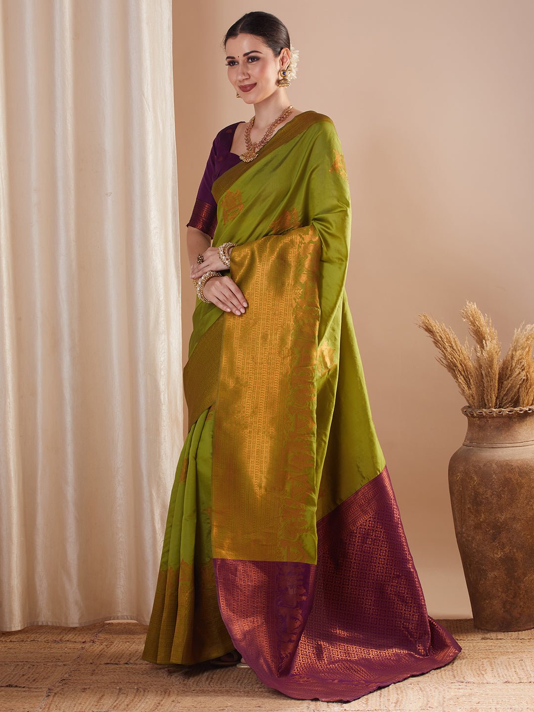 Olive Green Kanjivaram Pure Silk Saree - Ressa