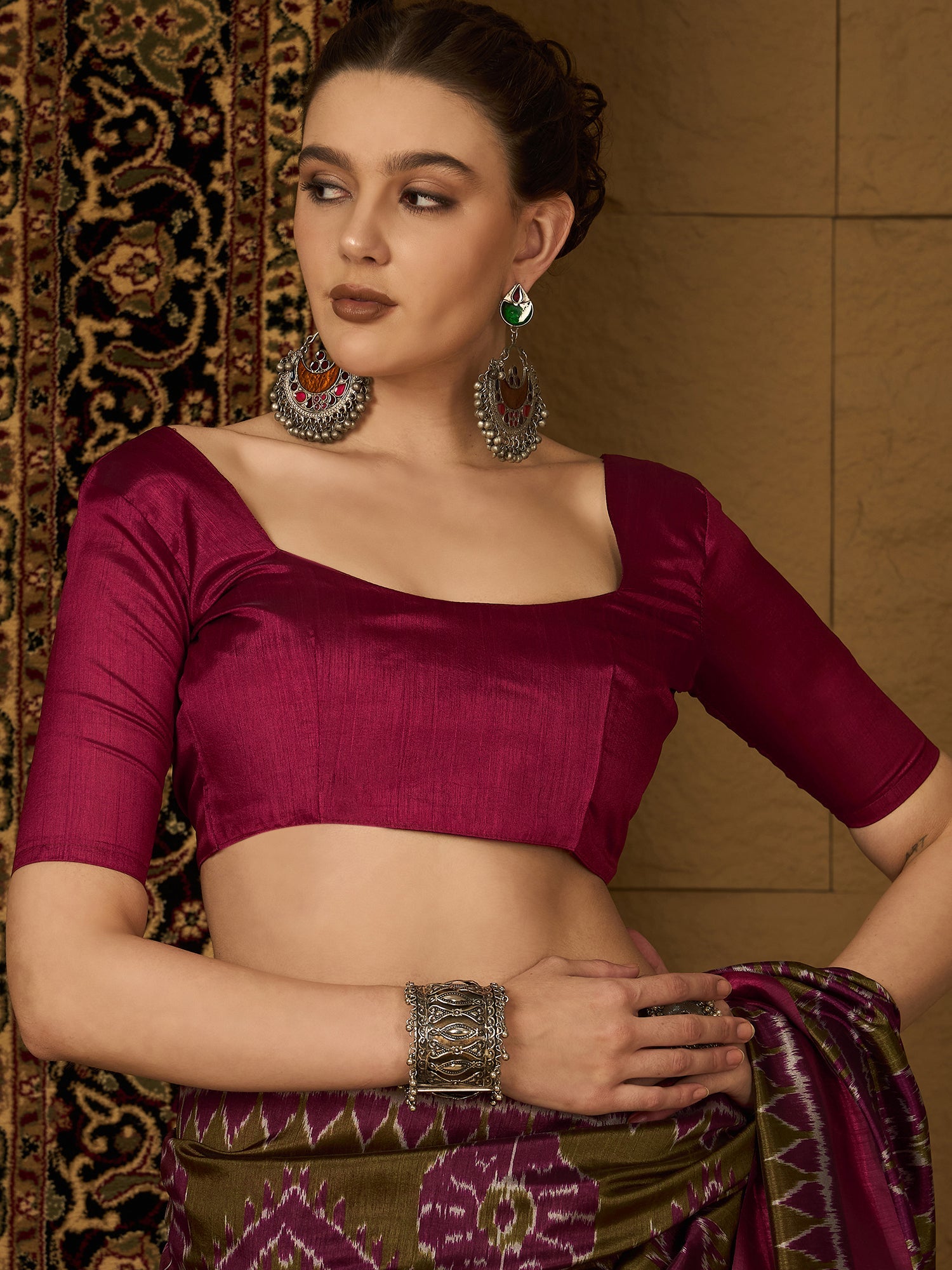 Olive Green & Magenta Ikat Bhagalpuri Silk Saree - Ressa