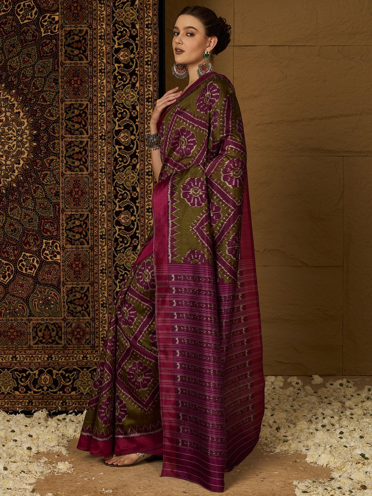 Olive Green & Magenta Ikat Bhagalpuri Silk Saree - Ressa