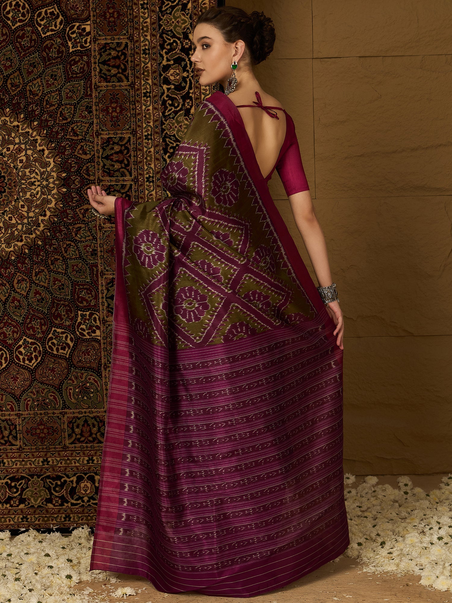 Olive Green & Magenta Ikat Bhagalpuri Silk Saree - Ressa