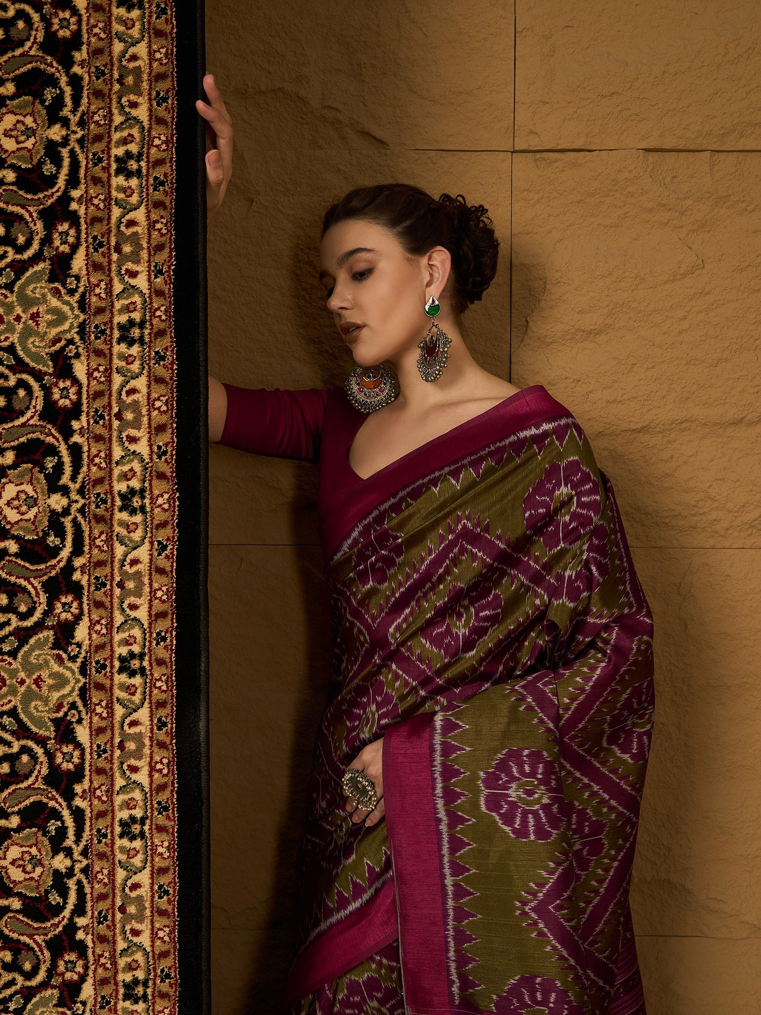 Olive Green & Magenta Ikat Bhagalpuri Silk Saree - Ressa