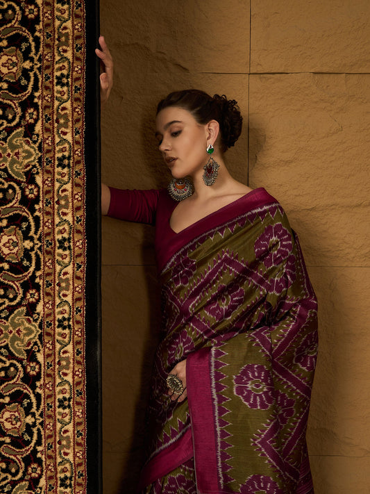 Olive Green & Magenta Ikat Bhagalpuri Silk Saree - Ressa