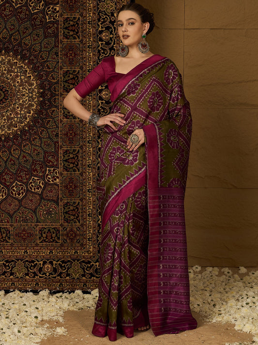 Olive Green & Magenta Ikat Bhagalpuri Silk Saree - Ressa