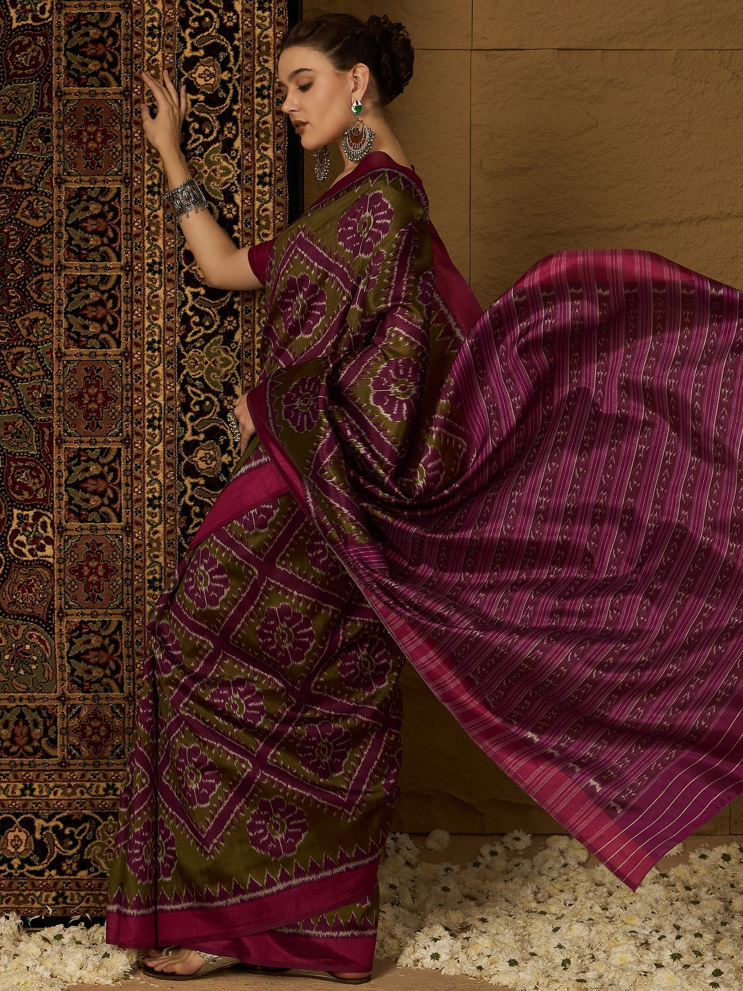 Olive Green & Magenta Ikat Bhagalpuri Silk Saree - Ressa