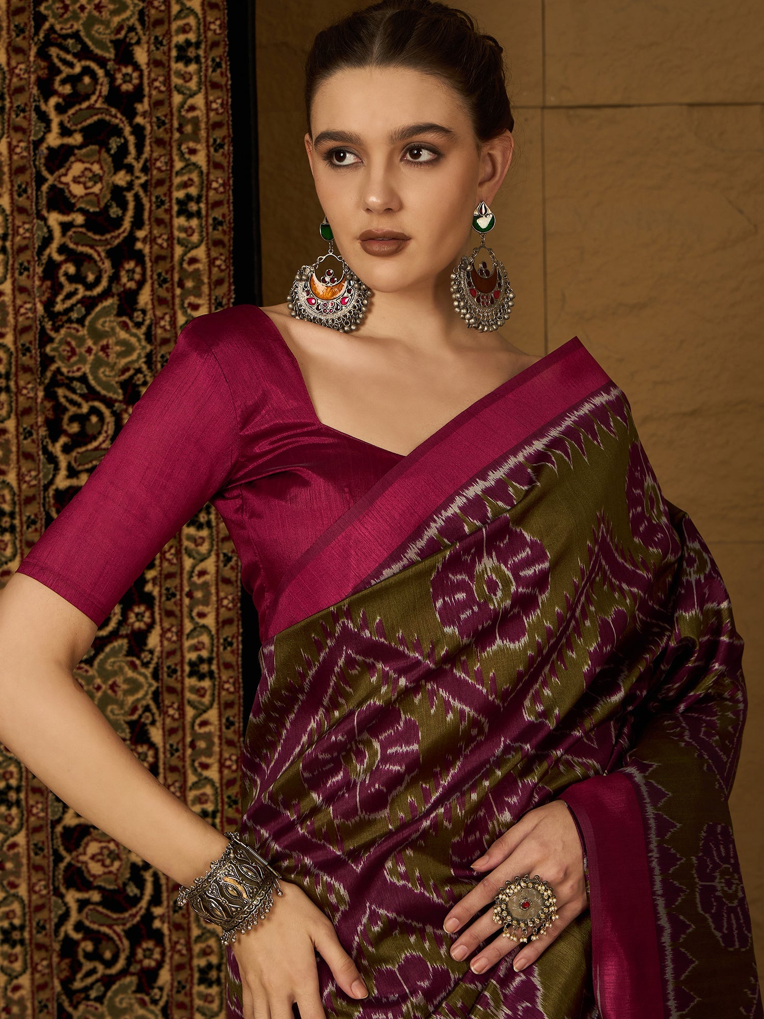 Olive Green & Magenta Ikat Bhagalpuri Silk Saree - Ressa