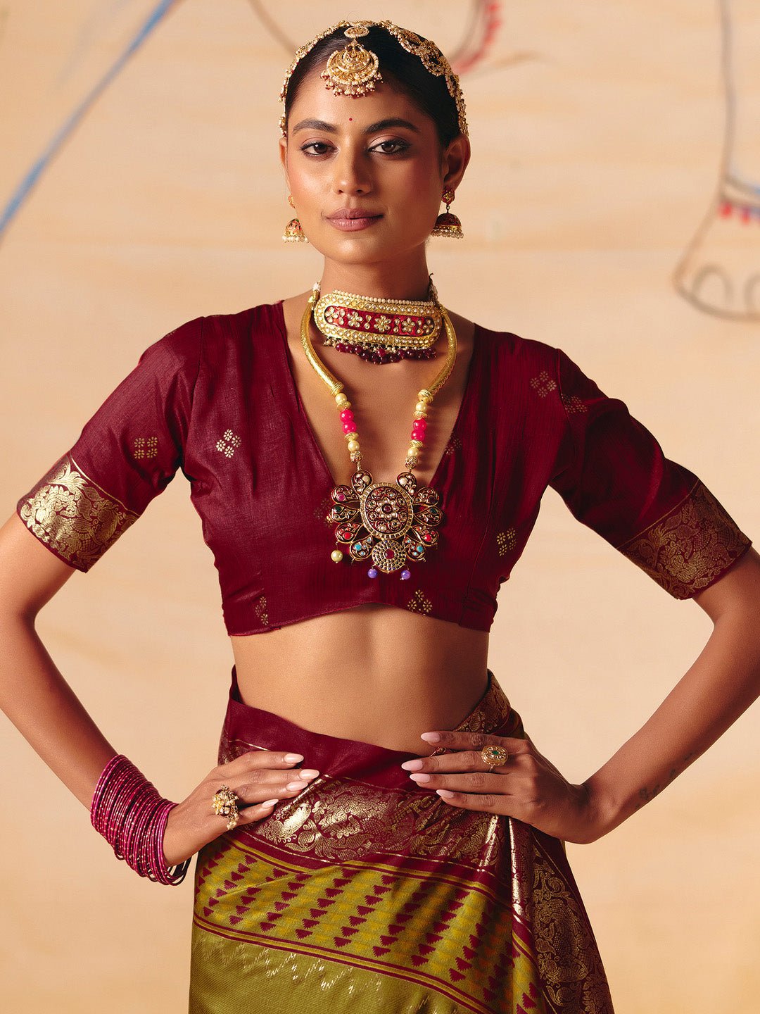 Olive Green & Maroon Banarasi Silk Saree - Ressa