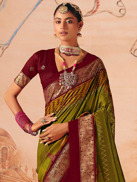 Olive Green & Maroon Banarasi Silk Saree - Ressa