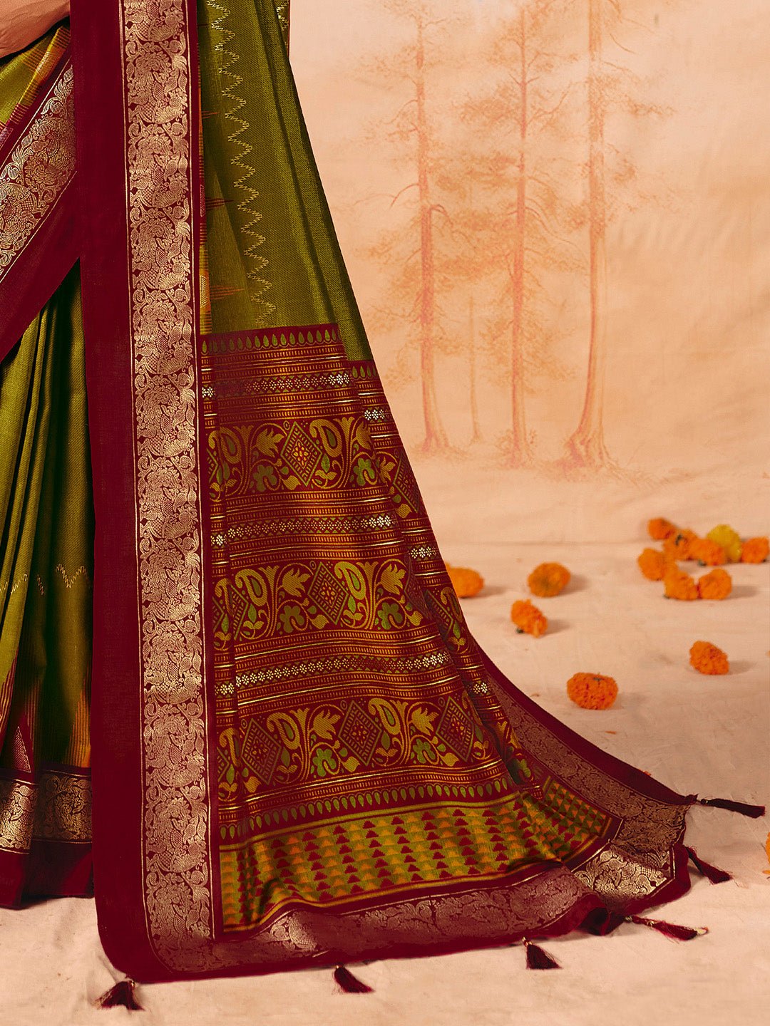 Olive Green & Maroon Banarasi Silk Saree - Ressa