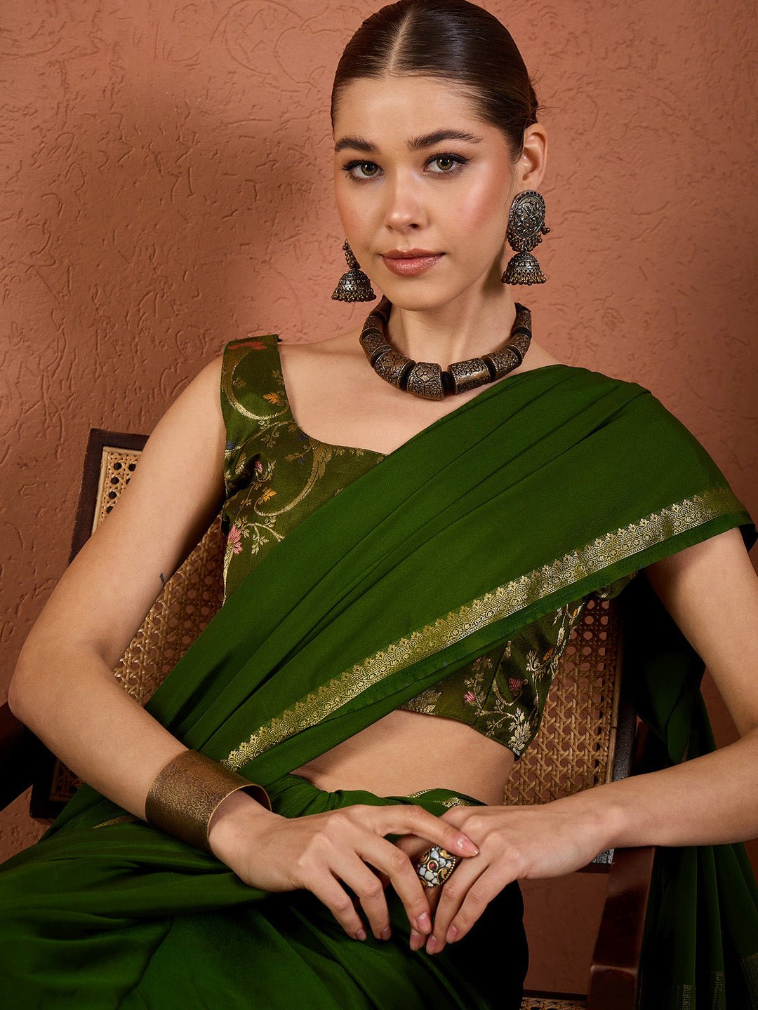 Olive Green Mysore Silk Saree - Ressa
