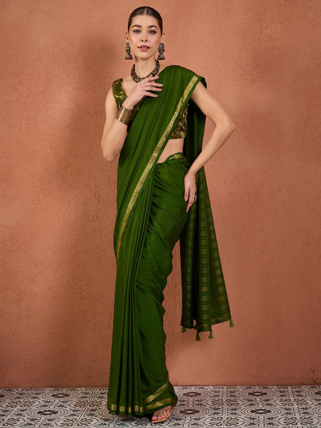 Olive Green Mysore Silk Saree - Ressa