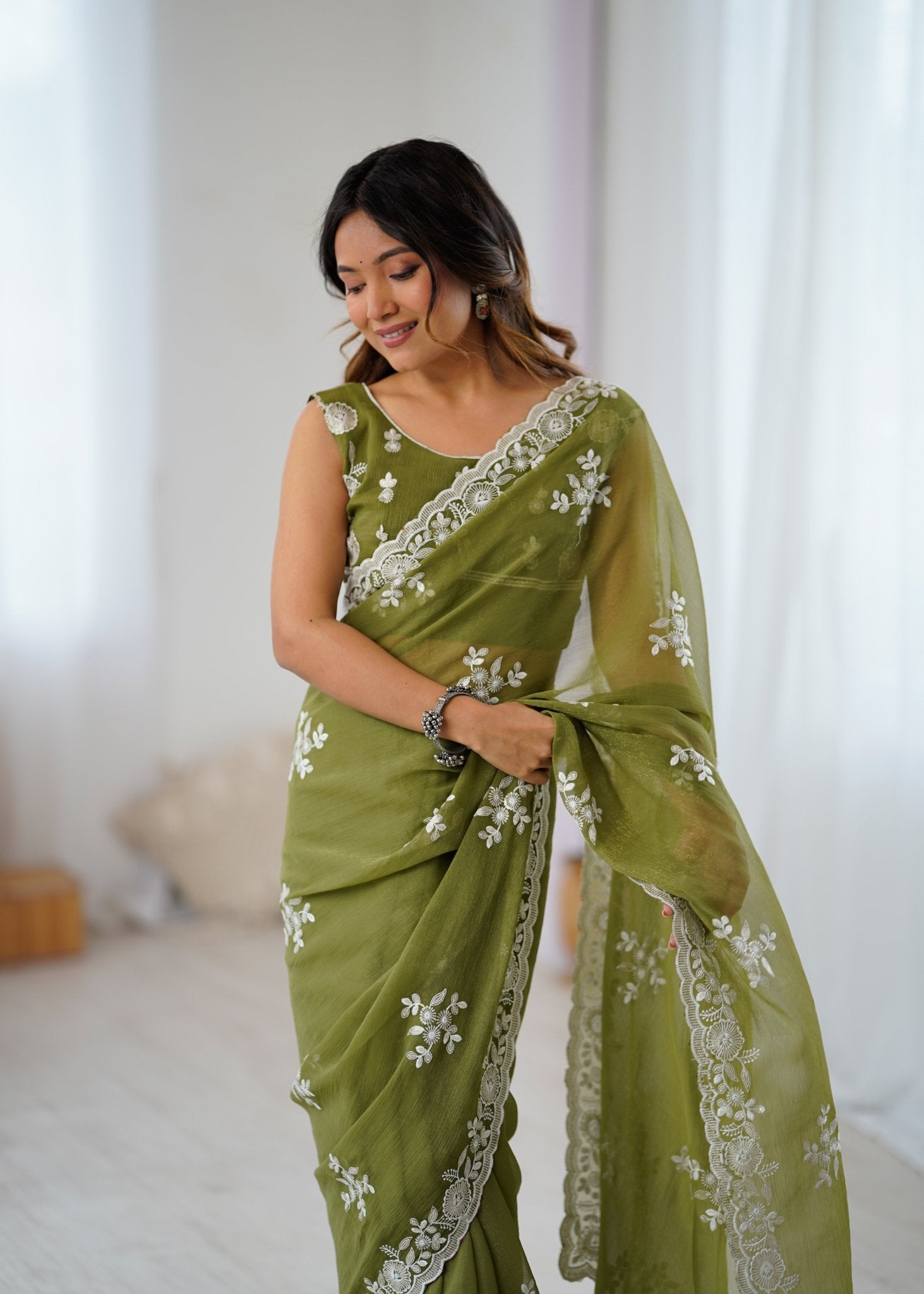 Olive Green Organza Embroidered Saree - Ressa