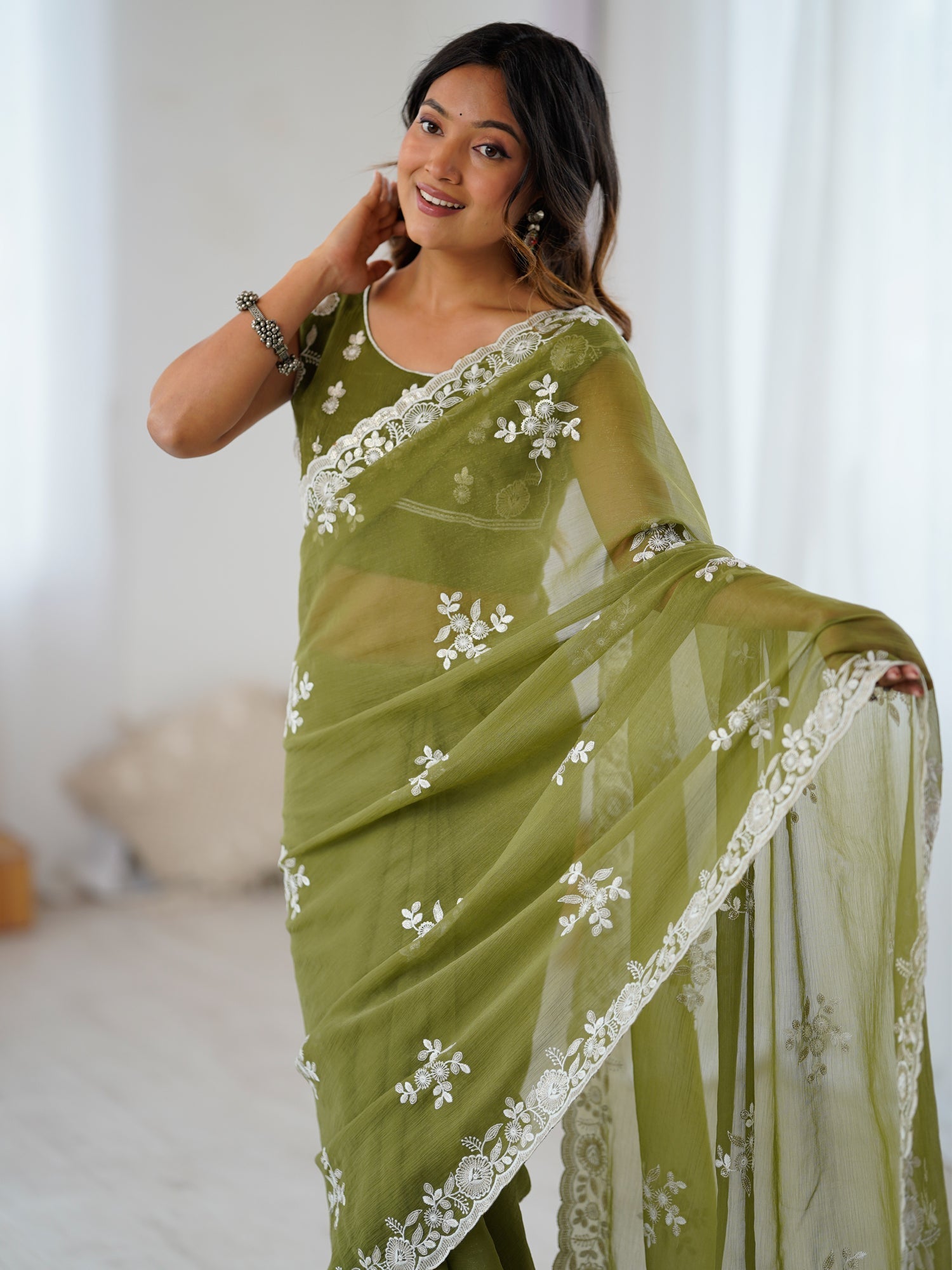 Olive Green Organza Embroidered Saree - Ressa