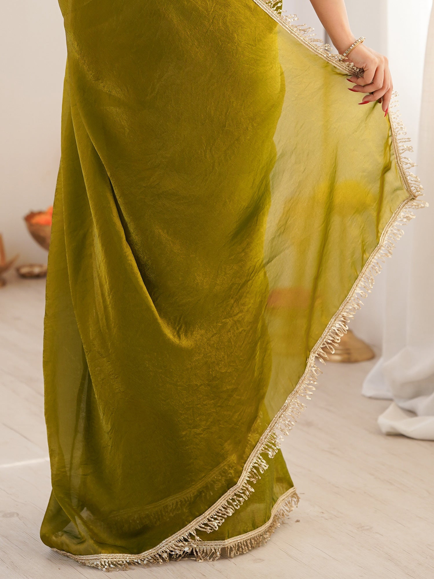 Olive Green Organza Saree with Gold Fringe Border - Ressa