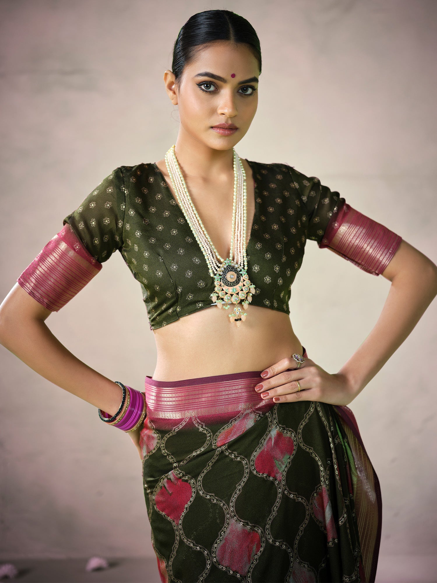 Olive Green Organza Saree with Pink Zari Border - Ressa