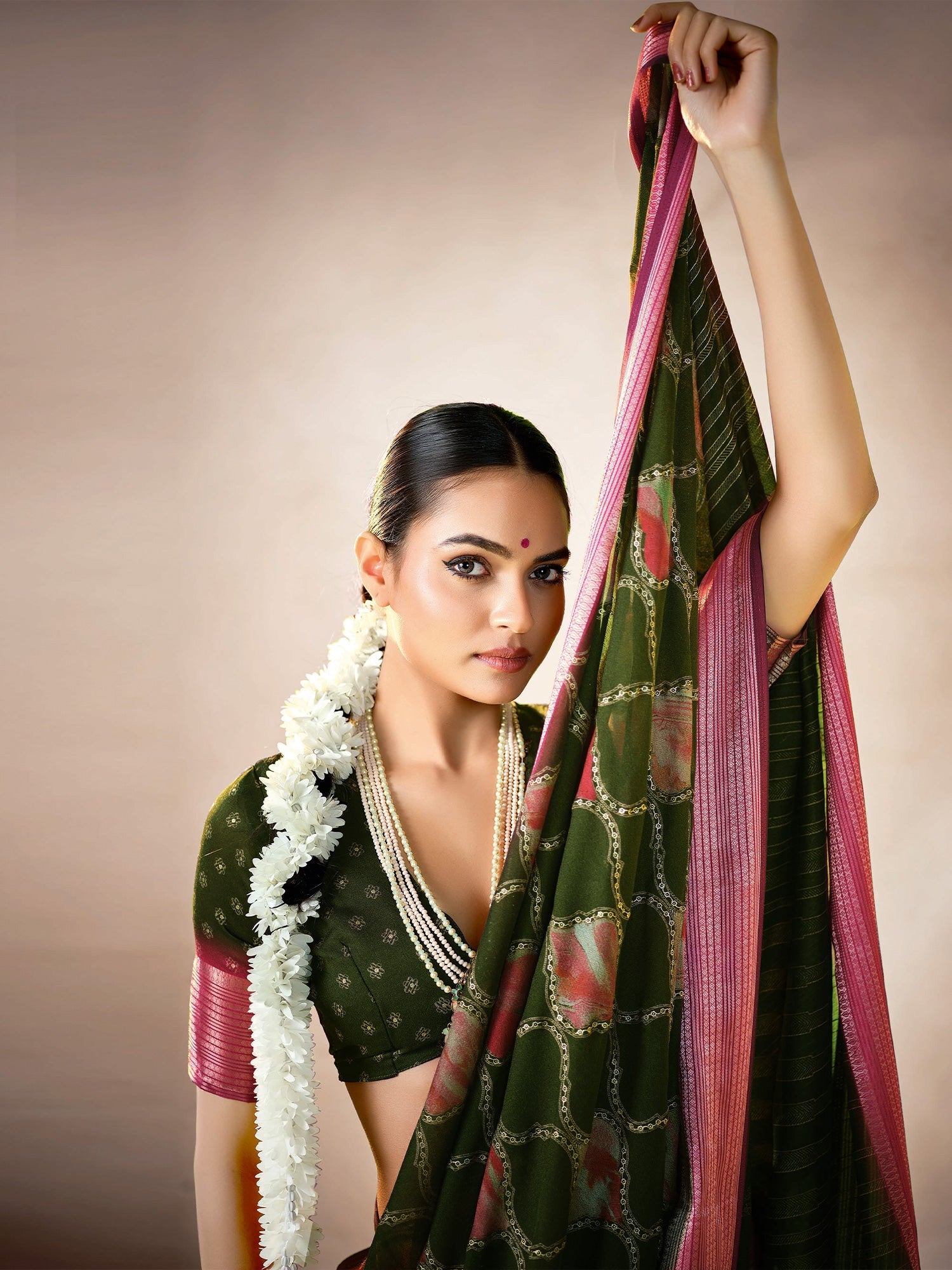 Olive Green Organza Saree with Pink Zari Border - Ressa