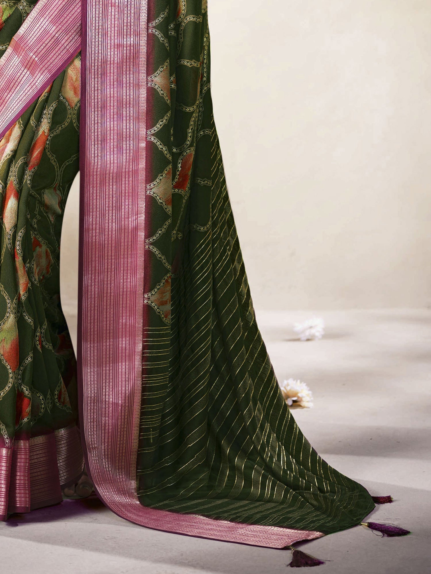 Olive Green Organza Saree with Pink Zari Border - Ressa