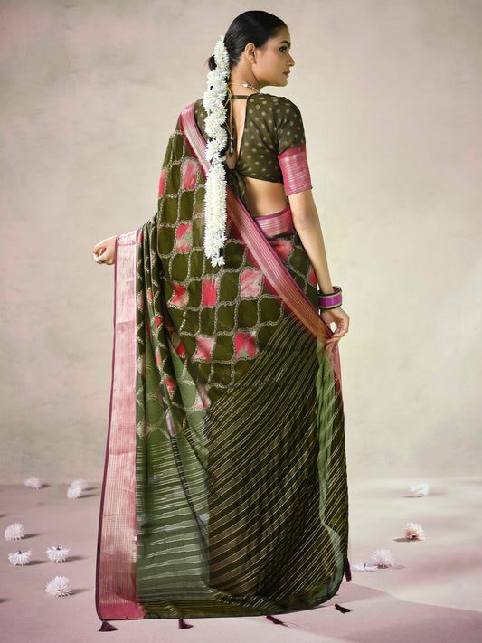 Olive Green Organza Saree with Pink Zari Border - Ressa